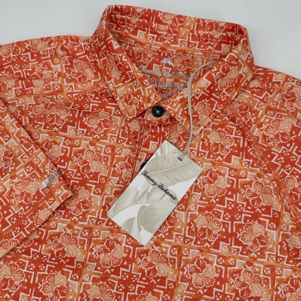 Tommy Bahama‎ Island Zone Men’s Medium Orange Hibiscus Floral Short Sleeve Polo